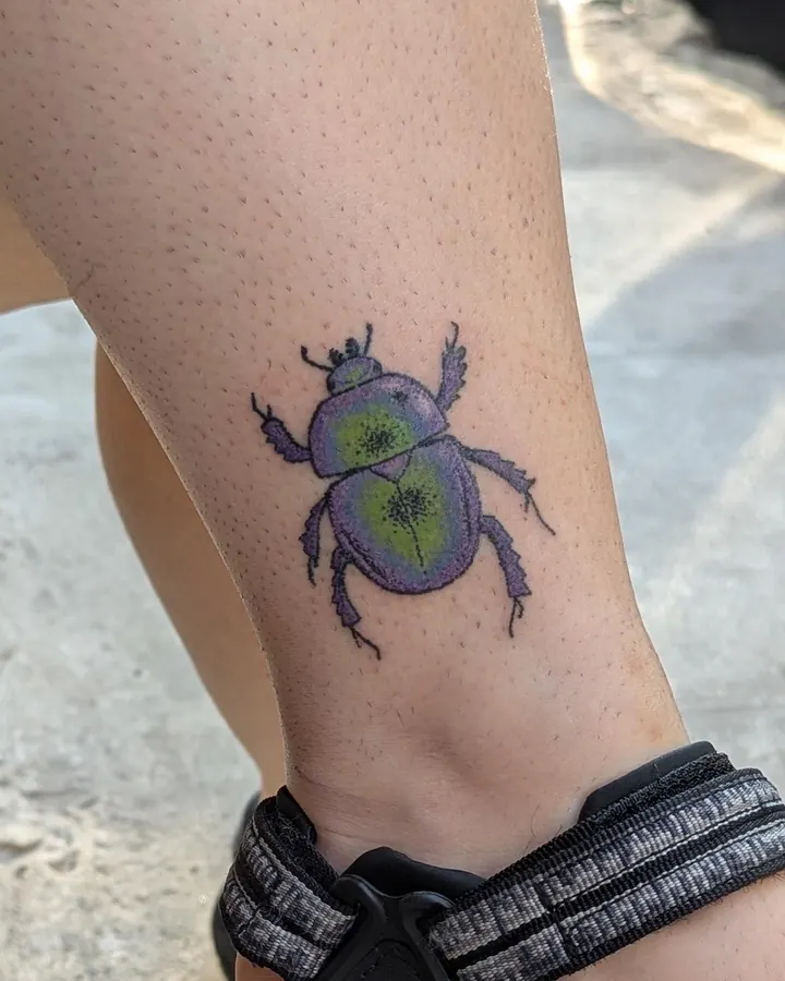 Purple and green scarab beetle on the lower leg