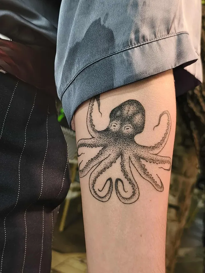 Cover-up, after: a dotwork octopus on the forearm